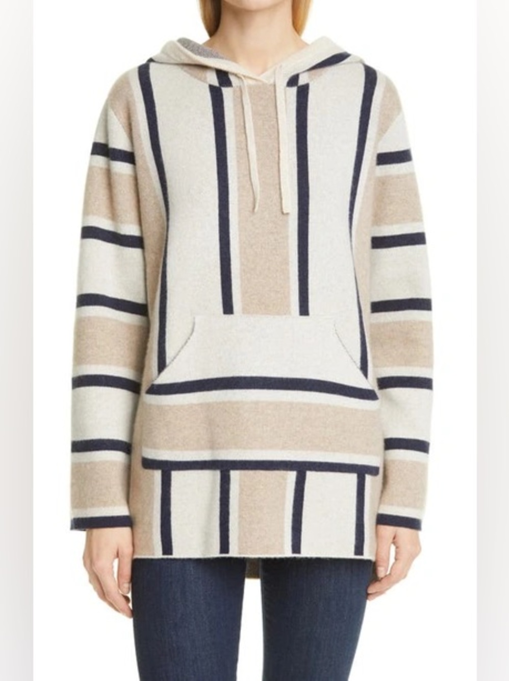 La Ligne Baja Striped Cashmere Hoodie In Heather Cream/heather Tan/navy size XS - Picture 2 of 13